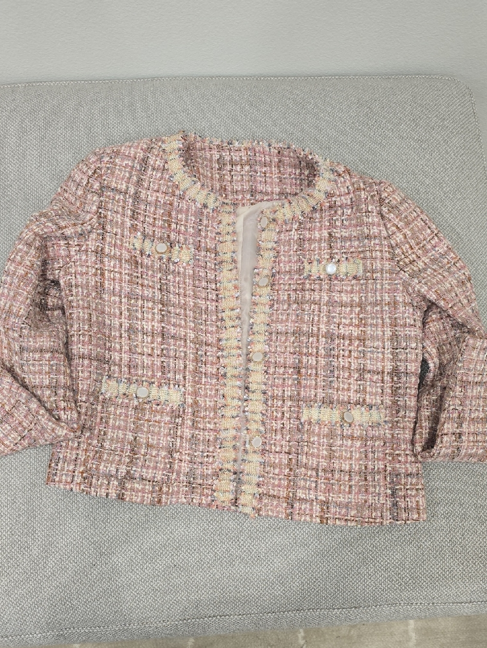 Pink Multicolor Tweed Cropped Blazer Jacket With Gold Accents